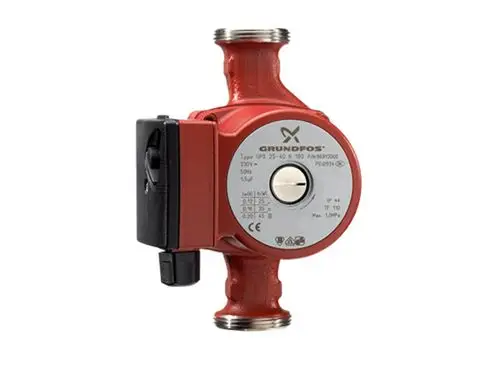Umwälzpumpe von Grundfos mit zwei Anschlussflanschen, integriertem Steuergerät und einem runden Gehäuse. Eignet sich für Heizungs- und Kühlanlagen.